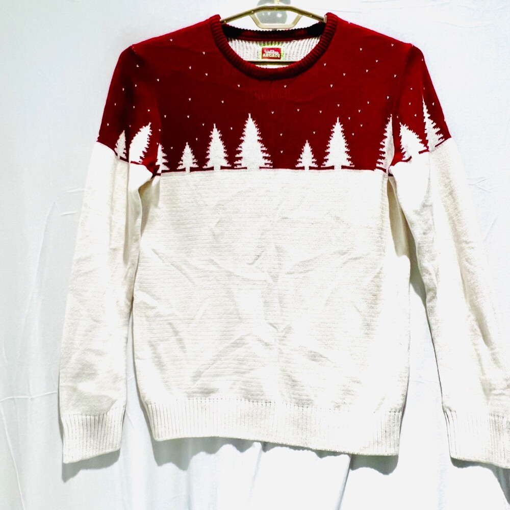 Winter Trees Burgundy Sweater Arcade Women Size Med Red White Soft